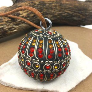 Kashmiri Red Orange Silver Ornate Studded Inlay Bead Ornament Pendant Necklace